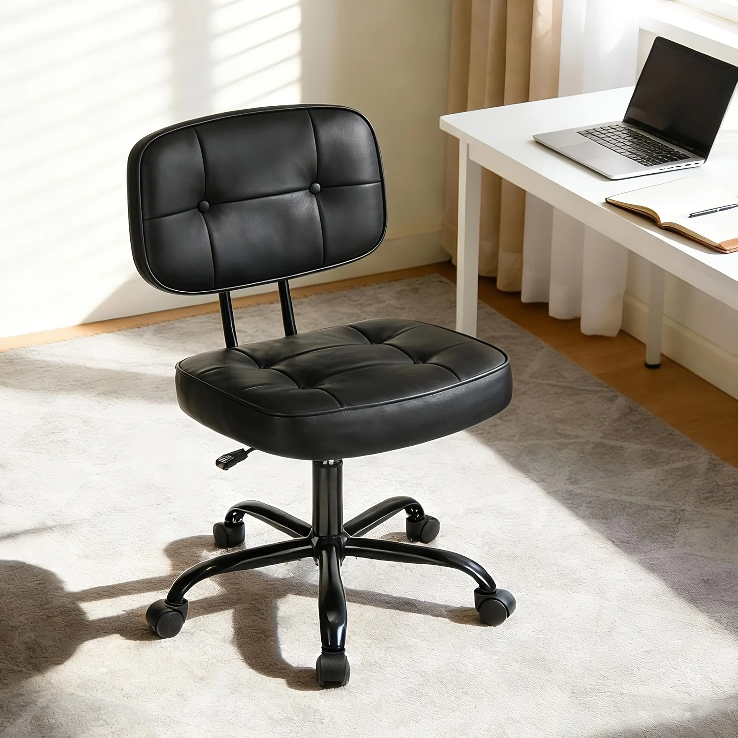 Ergonomic Armless PU Leather Computer Rolling Task Chair | Comfy Lumbar Support, Height Adjustable, Vanity, Bedroom, Memory Foam