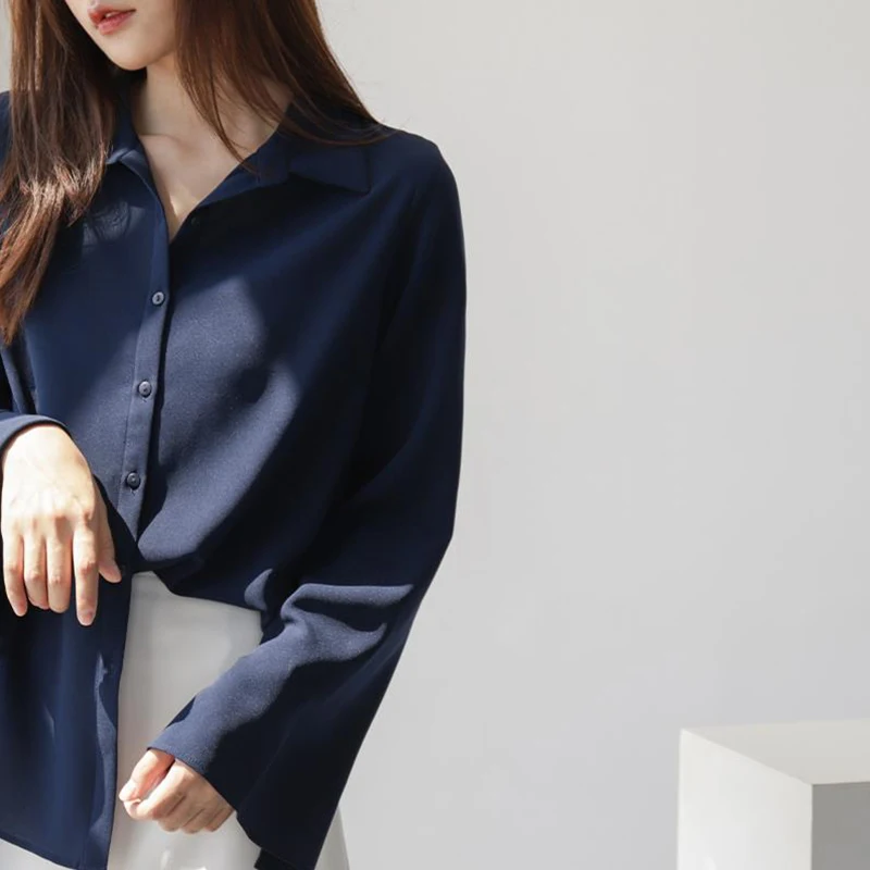 Women Chiffon Blouse Fashion Solid Long Flare Sleeve OL Office Lady Work Top Shirts V-neck White Shirt Elegant Female Clothes