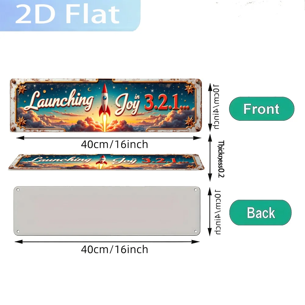 Placa de Metal 2D Plana, Retro Lançamento de Foguete Alegre , Arte de Parede com Impressão UV, Decoração Robusta para Casa