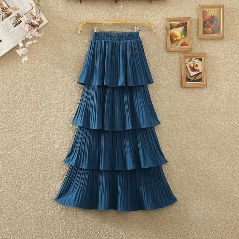 2023 New Spring Summer Women High Waist Slim Long Skirt Korean Style Sweet Pleated Hem Patchwork Solid Color Cake Skirt