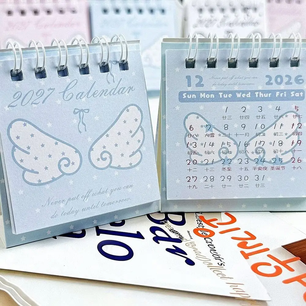 Paper Tabletop Calendar Spiral Bound Angel Wing Pattern Spiral Desk Calendar Star Pattern 2626-12- 2027-12 Mini Desk Calendar