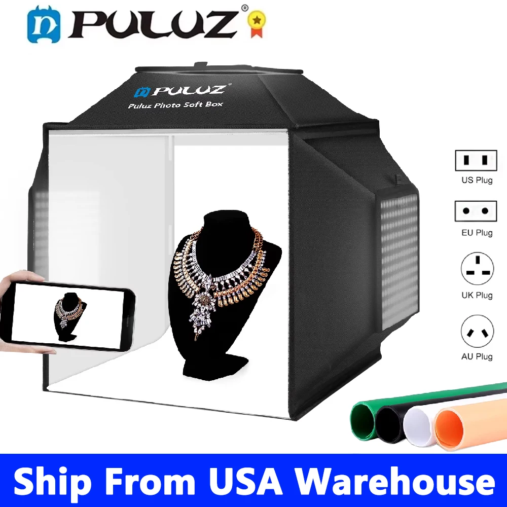 PULUZ 40cm Photo Studio Light Box 4 Colors Backdrops,72W 5500K Photo Softbox Foldable Photography Studio Shooting Tent Box Kits