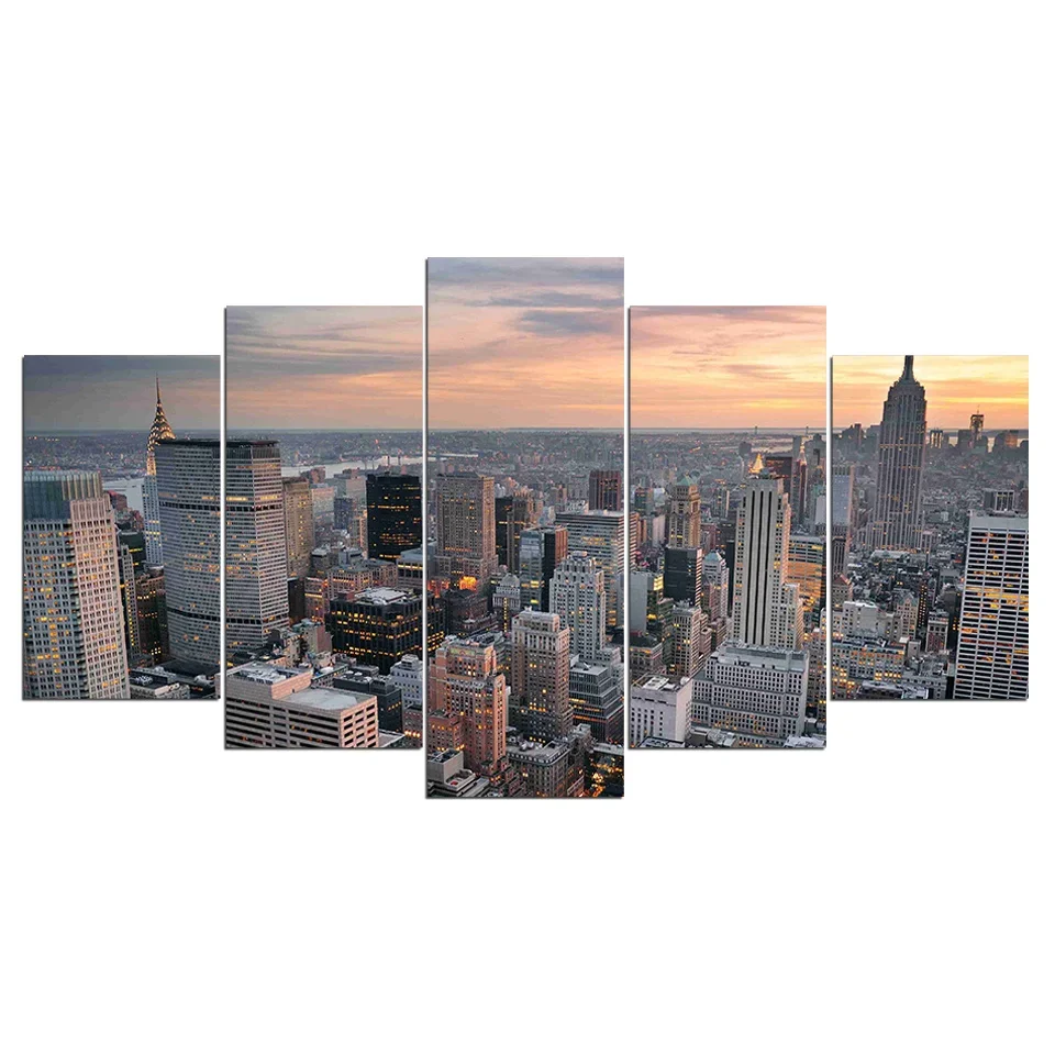 No Framed Canvas 5 Pieces New York City Skyscraper Building HD Wall Art Posters Pictures for Living Room Home Decor Paintings