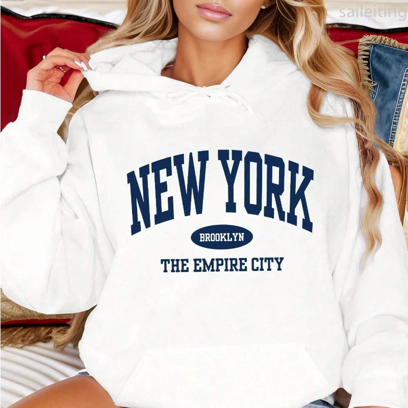 New York City Brooklyn Creative Letter Printed Female Kangaroo Pocket Hoodies Hoody Street Sportswear Winter Clothes Women