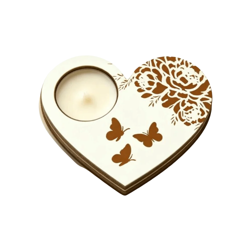 Floral Pattern Heart Shaped Candle Holder Ornament Candlestick Wooden Candle Holder Sweet Butterfly Tealight Tray Table Decor