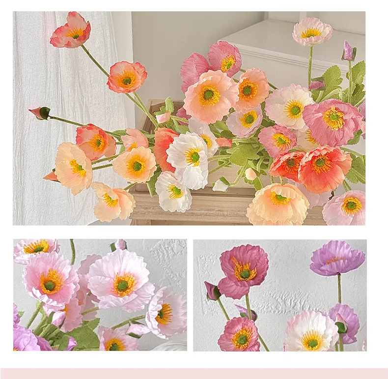 4-Köpfiger Künstlicher Mohnblumenstrauß aus Seide für Heimdekoration, Brautjungfern, Garten, Party, Hochzeit, DIY, Fotografie und Blumendekoration – Detail 2