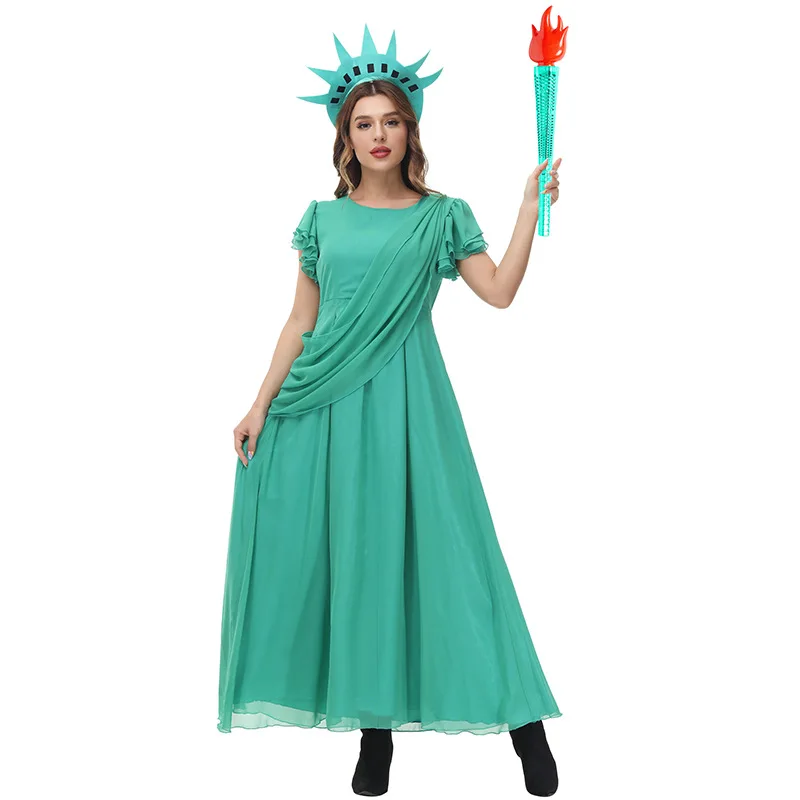 Halloween Costume Green Chiffon Party Dress Statue Of The Goddess Of Freedom Illuminating The World Character Costume