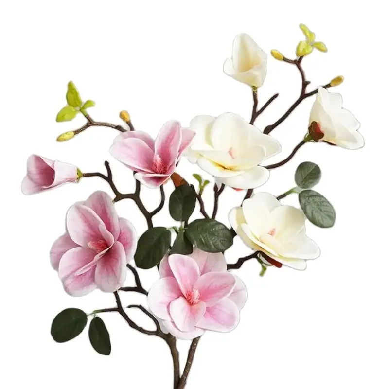 3Pcs Faux Long Stem Magnolia Flower (4 Heads/Piece) for Wedding Home Decorative Artificial Real Touch Magnolia Denudata