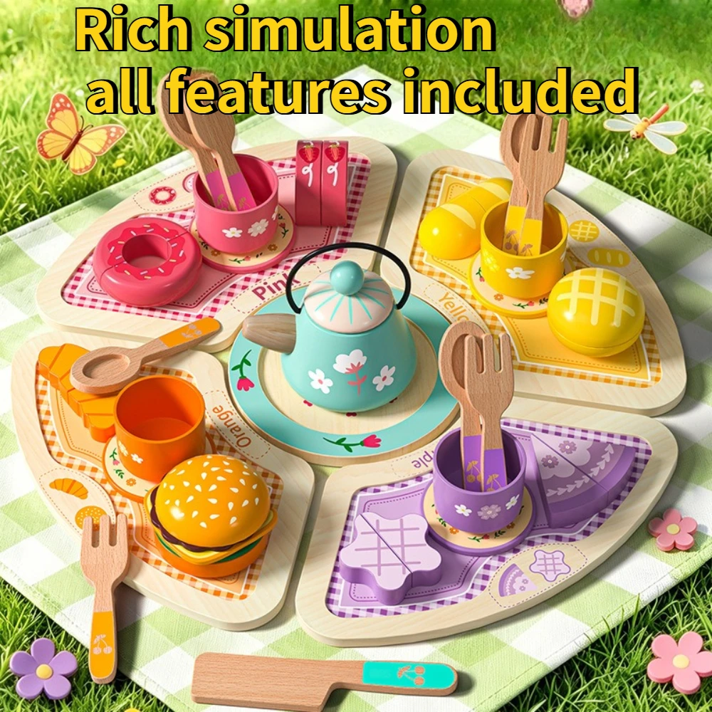 シェフごっこ用ダイニングセット-アフタヌーンティーセット-おもちゃ-木製食器-リアルなティーポット-木製誕生日プレゼント