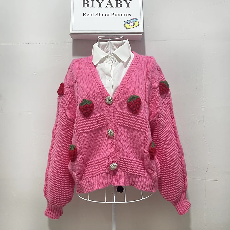 Korean Fashion Pink Strawberry Sweaters for Women Autumn Winter 2022 Long Sleeve Knitted Woman Cardigan Single Breasted Jackets