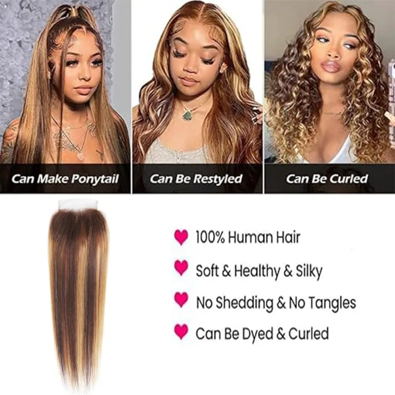 Cabelo humano premium 4x4 fechamento de renda destaca cor marrom chocolate para loiro caramelo cabelo remy com linha fina natural parte livre