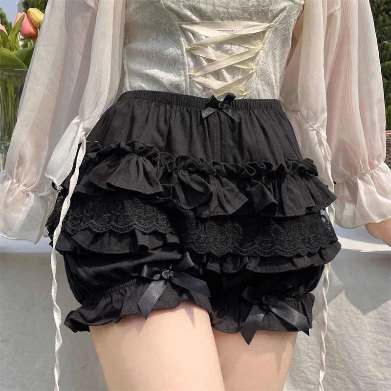 Summer Sweet Fairy Lace Bloomers Women White Black Elastic High Waist Ruffled Tiered Short Pants Bow Decor Streetwear