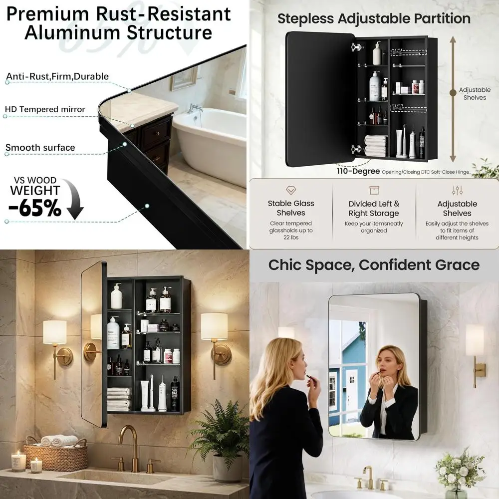 

20x30 Inch Wall-Mounted Medicine Cabinet with Mirror, Adjustable Shelves for Tall Bottles, Matte Black Finish