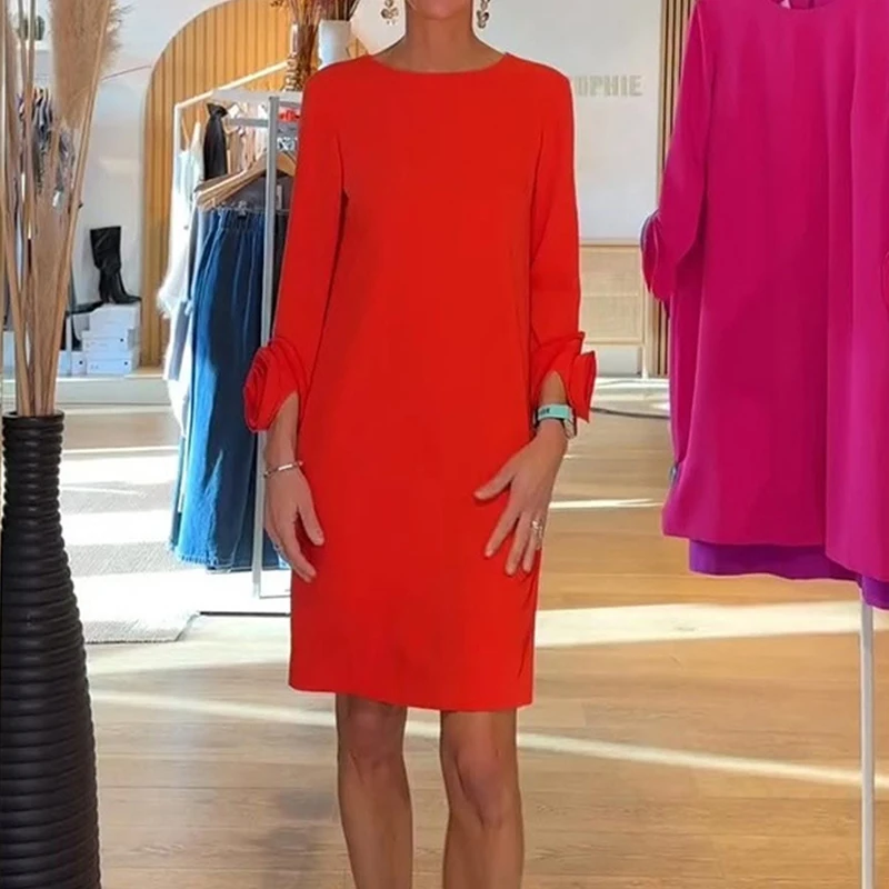 Mode woon-werkverkeer effen feestjurk dames elegante o-hals losse rechte jurk casual 9-punts mouw bloem patchwork korte jurk
