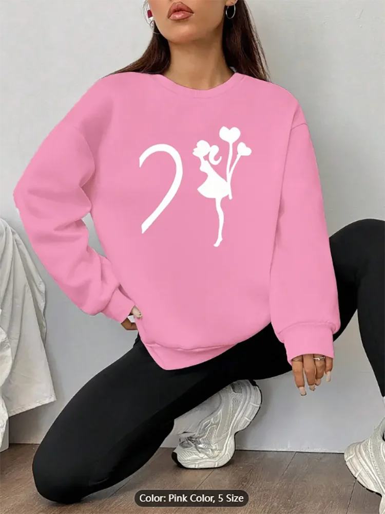 Womens Pink Sweatshirt Girl Heart Balloon Graphic Print Casual Oversized Pullover Top for Romantic Style Lovers Pure Cotton