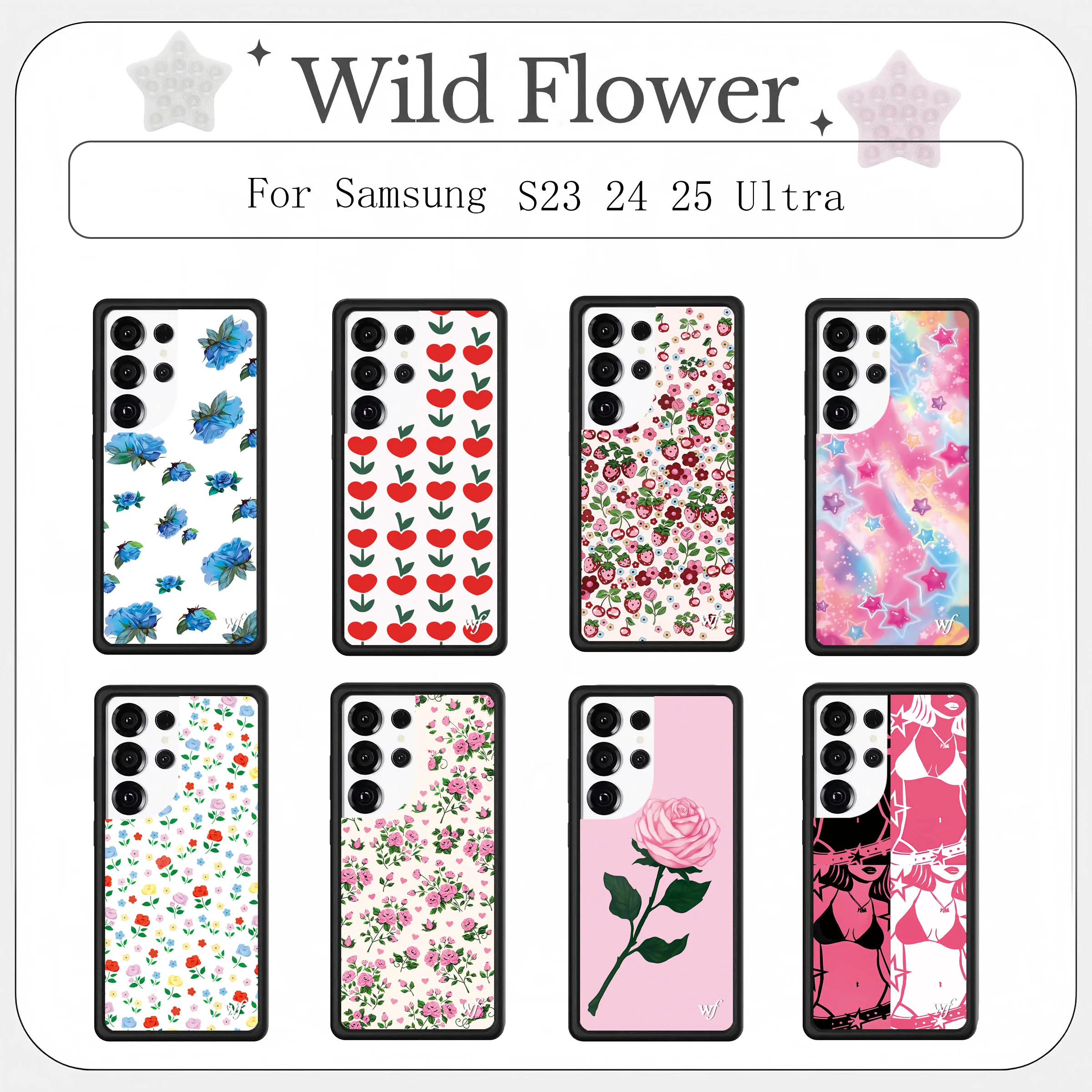 Cute WildFlower Series Multi-pattern Print Phone Case For Samsung S23 S24 S25 Ultra Protective Cover with Floral Heart Star Desi