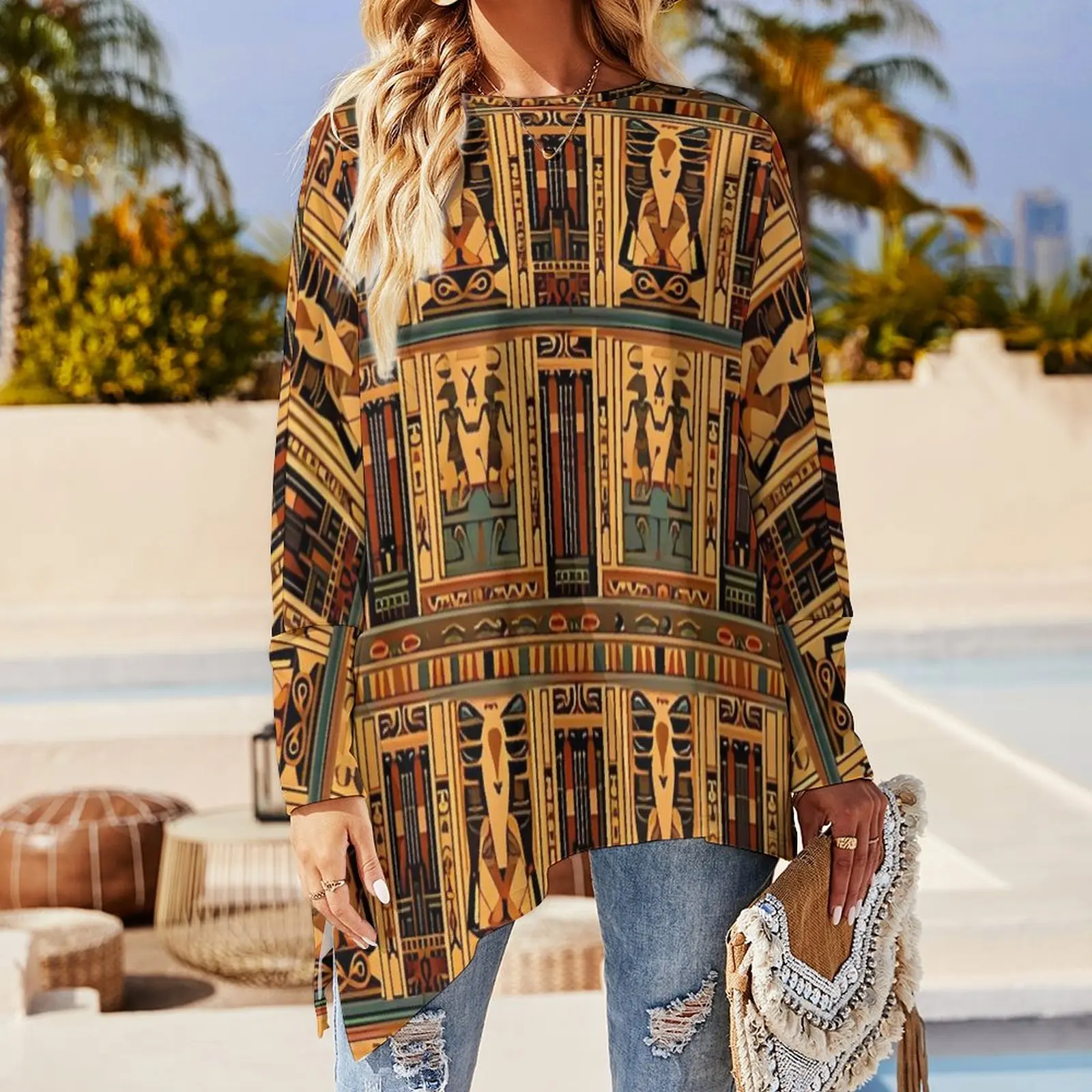 Ancient Egyptian Art T Shirts  Street Style Long Sleeve T Shirt Pretty Graphic Tees Woman Tops Big Size 4XL 5XL