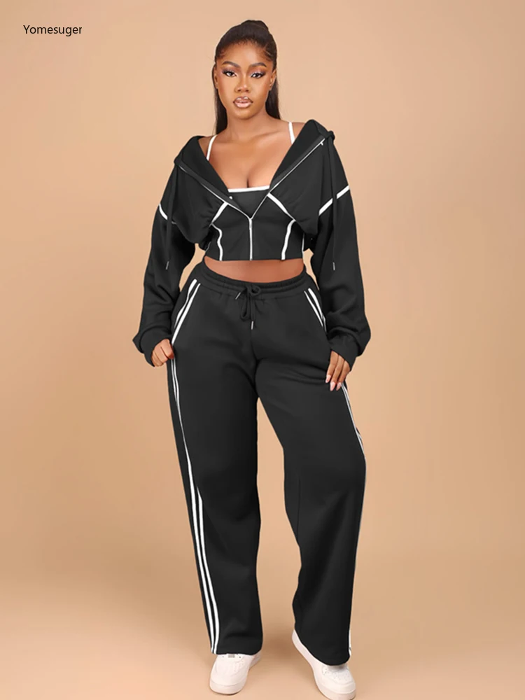 Yomesugar Casualowy Zestaw Polarowy 3-częściowy Damski Kontrastowy Komplet z Wstawkami: Top na Ramiączkach + Kurtka z Kapturem z Długim Rękawem + Spodnie ze Sznurkiem, Dres