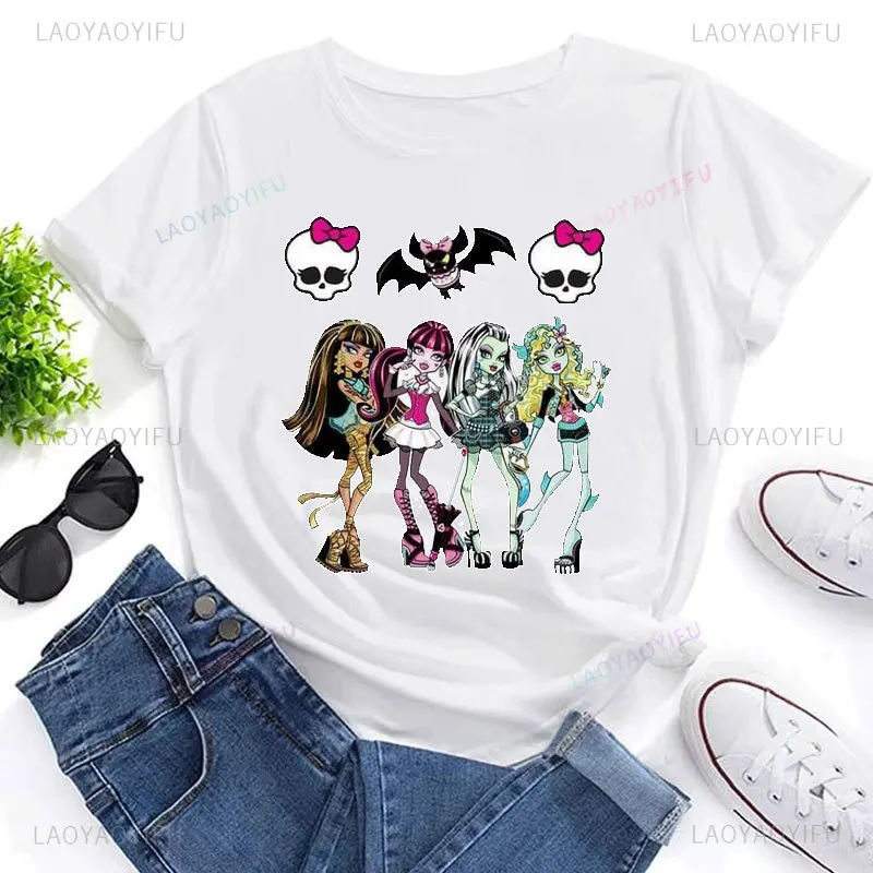 Frankie Stein Draculaura Kawaii Cartoon Graphic Women Cotton T-shirt Streetwear Hipster Monster High T Shirt Fashion Unique Tees