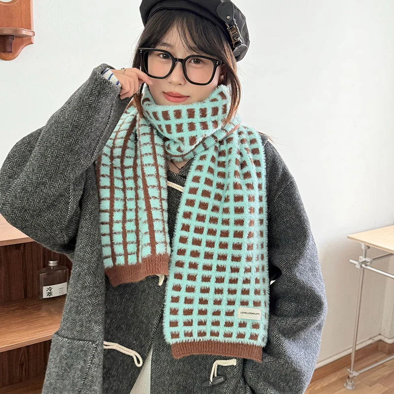 

Модный корейский стиль, двухцветный клетчатый шарф с имитацией норки, женские зимние вязаные шарфы, унисекс, студенческий шейный платок