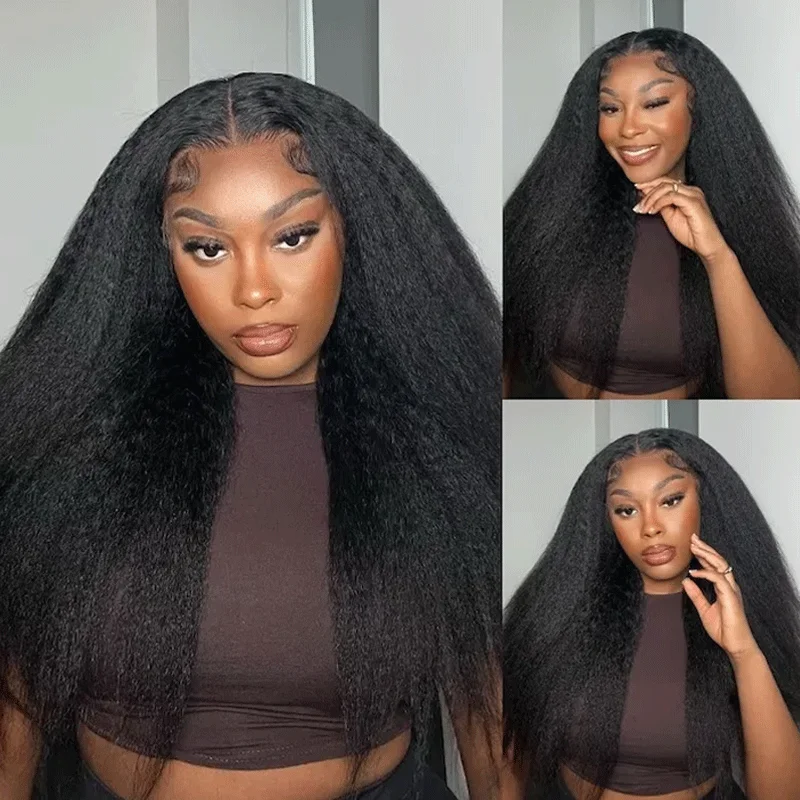 13x4 4x4 Lace Front Closure Wig 250 Density 36 Inch Brazilian Kinky Straight Human Hair Hd Transparent Lace Yaki Texture Natural
