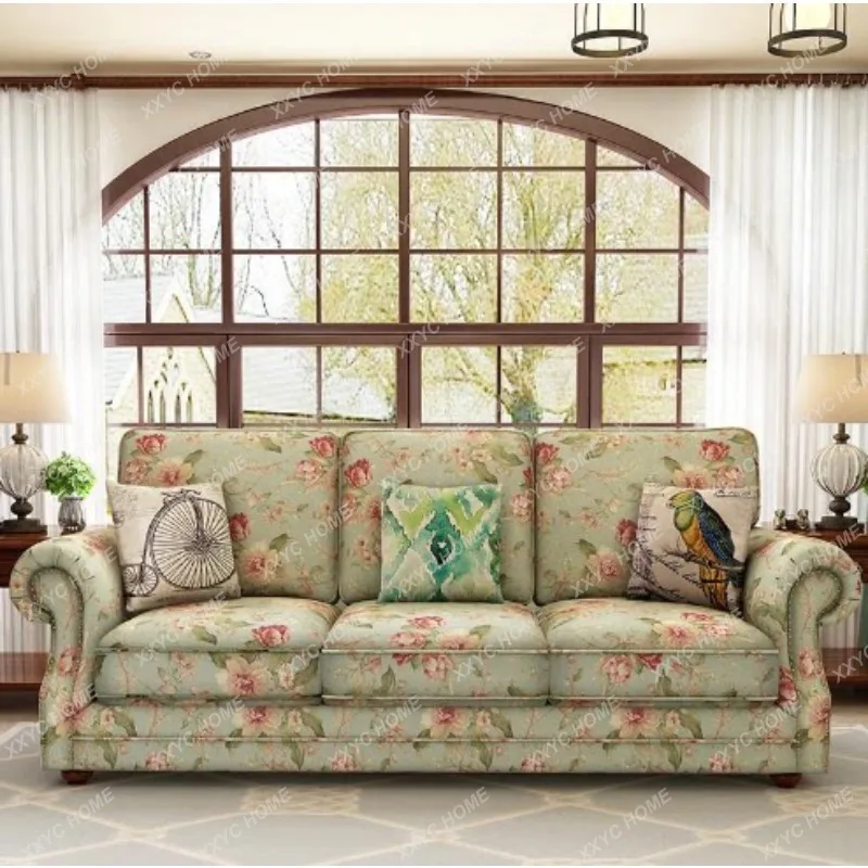 Pastoral floral fabric sofa villa American three-person simple living room single cotton and linen double