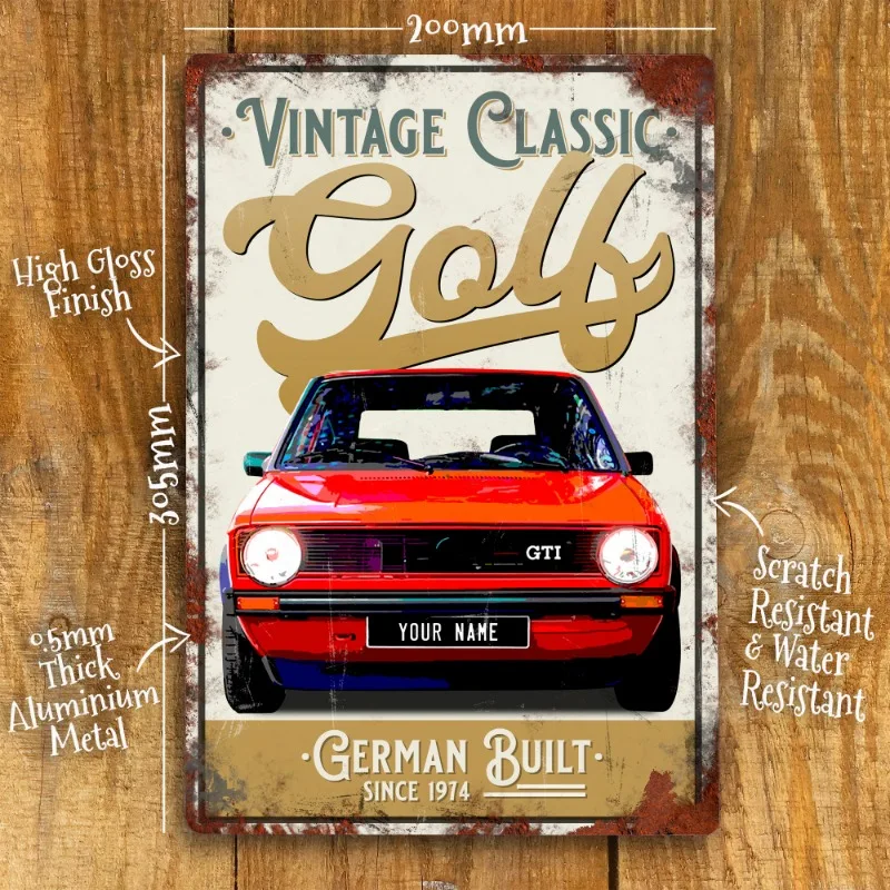 Personalised Vintage Golf GTI MK1 Metal Tin Sign Wall Door Decor Classic Car Accessory Vdub Garage Man Cave Shed Retro Plaque