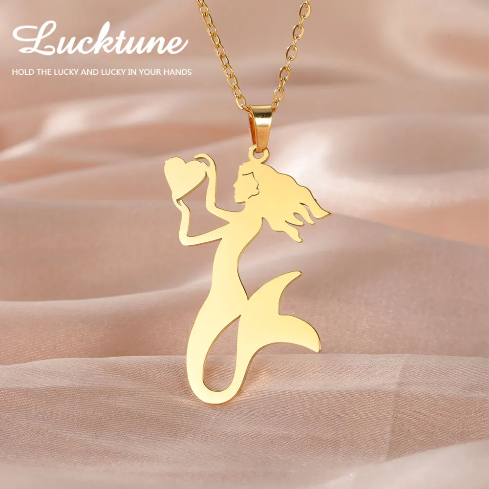 Lucktune Fairy Tale Mermaid Pendant Necklace for Women Girls Stainless Steel Cartoon Heart Love Animal Jewelry Accessories Gifts