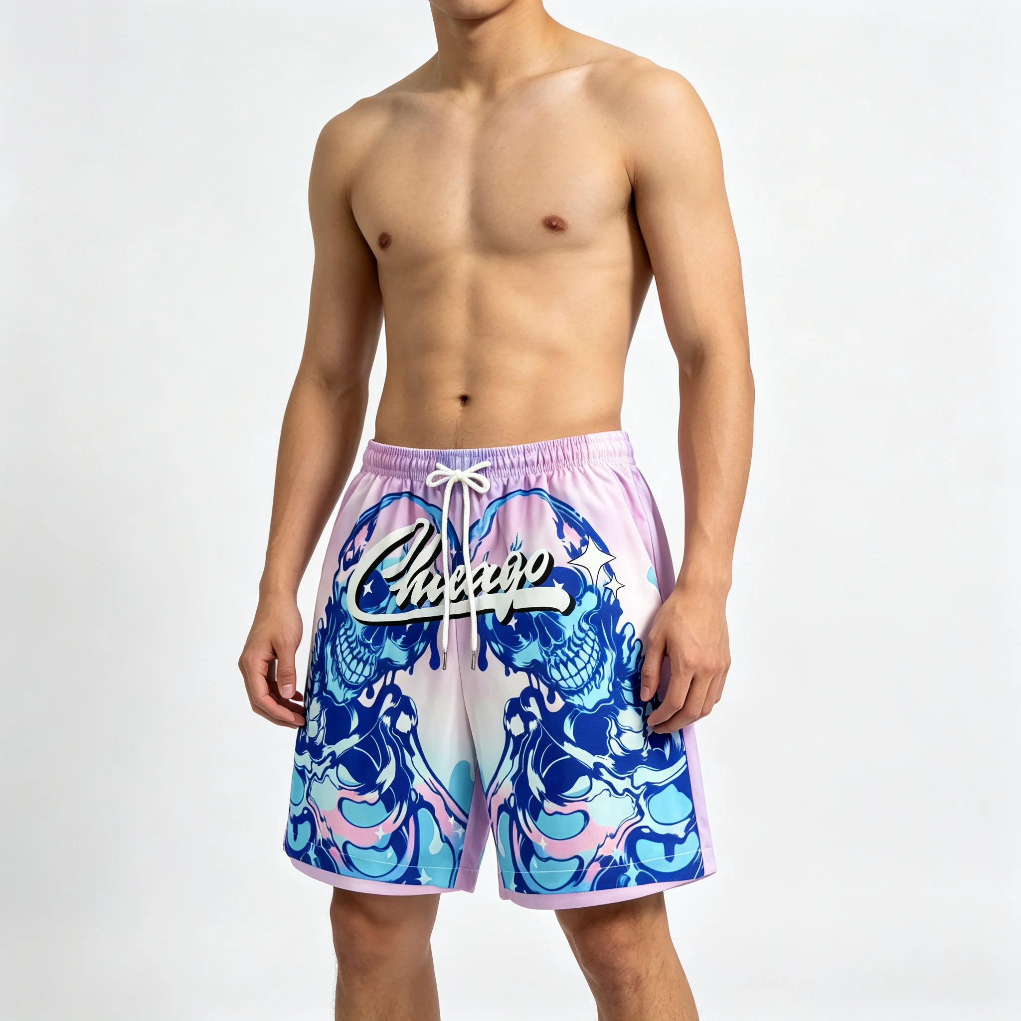 Summer New Fashion Men Chicago Style Pastel Skull Print Beach Shorts Y2K Casual Shorts Suitable for Daily and Training Wear Moto