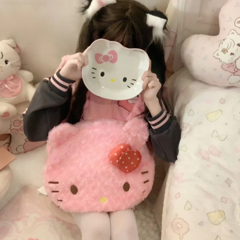 Sanrio Hello Kitty New Round Plush Backpack Y2k Japanese Style Soft Cute Bags Women Aesthetic Bow Large Capacity Shoulder Bag