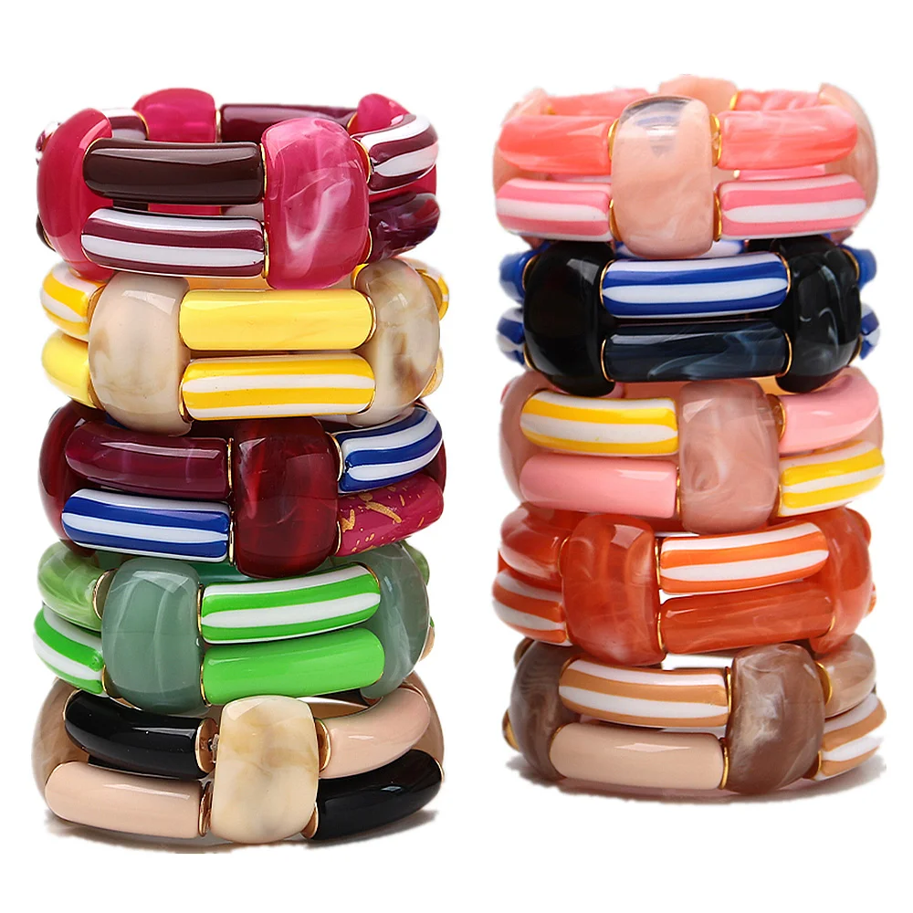 Exclusive Colorful Double-Layer Acrylic Elastic Bracelets for Women Resin Chunky Curved Tube Cuff Bangle Fashion Jewelry Gift