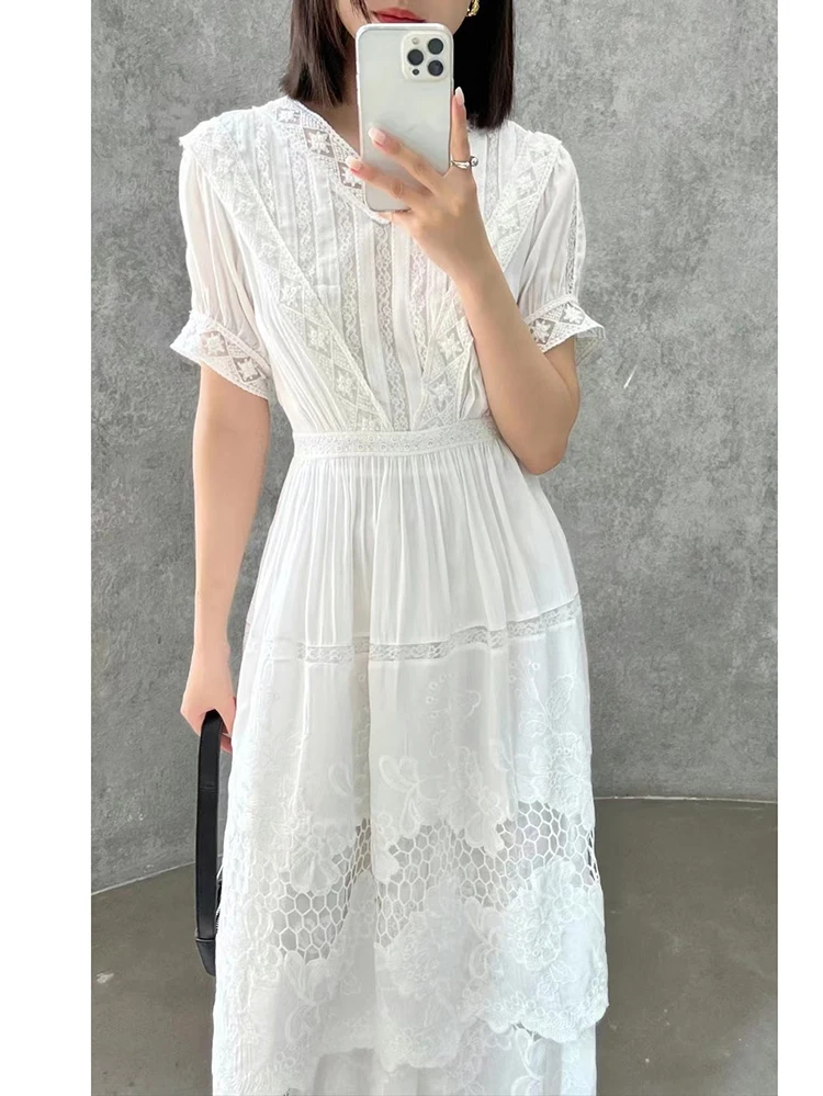 

Gypsylady Floral Embroidery Chic Midi Dress White Cotton Summer Boho Women Tiered Dresses Puff Sleeve Sheer Sexy Holiday Vestido