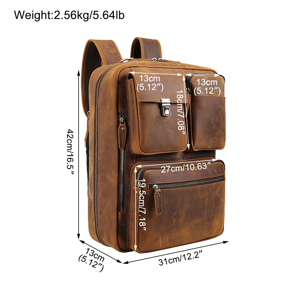 Wholesale Ized Full Grain Crazy Horse Leather Men Backpack Straps Briefcase 15.6 Inches Laptop Backpack