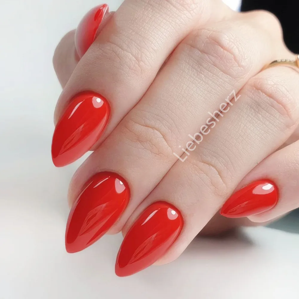 24 pçs vermelho brilhante curto stiletto unhas falsas com cola de geléia imprensa em unhas falsas artificiais diy lady dedo ponta manicure ferramentas