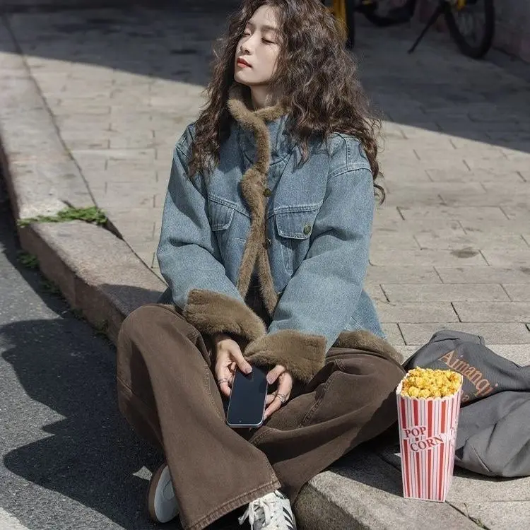 Denim Coats Long Fur Plush Womens Winter Moisture-Wicking Boxy Fit Grunge Style Vacation Travel Anti-Wrinkle Fuzzy Padded Warmth