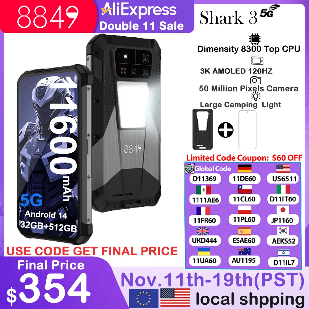 8849 SHARK 3 by Unihertz Rugged Smartphone Android 14 32GB 512GB Dimensity 8300 3K AMOLED Screen 11600mAh Night Camera 5G Phone