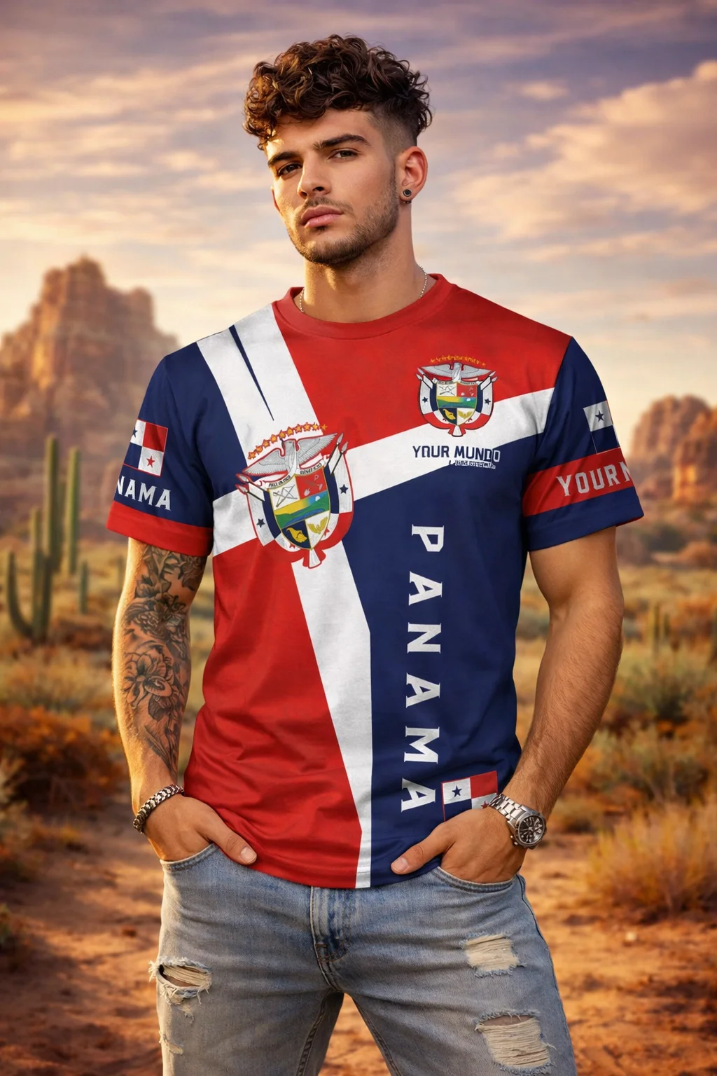 2026 Summer Men's Crew Neck Short Sleeve Soccer Jersey, Breathable Casual Top, Cape Verde Print Retro Panama T-Shirt
