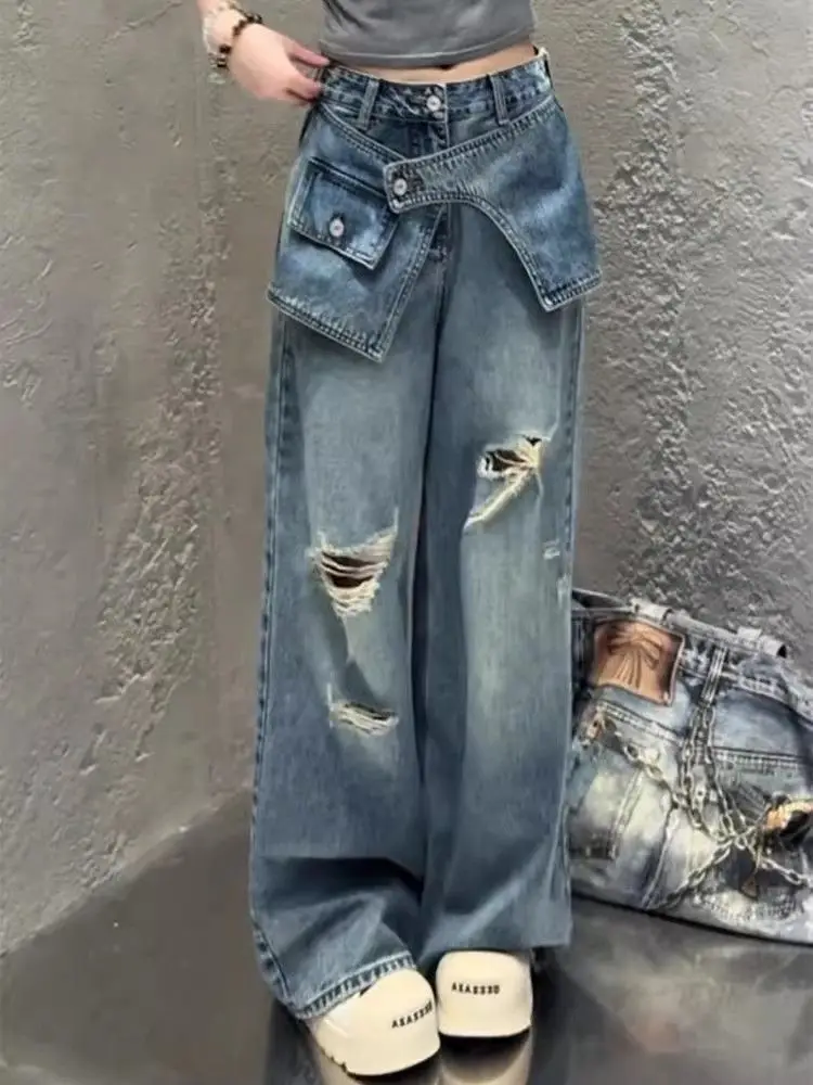 

Уличная одежда, джинсы в стиле Харадзюку для женщин, Pantalones Vaqueros Mujer, шикарные джинсовые брюки с искусственными двумя джинсами, повседневные прямые широкие брюки Y2k