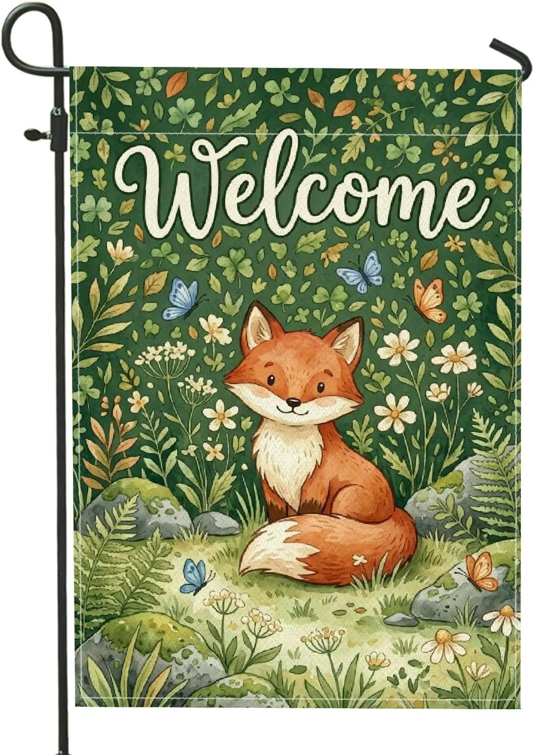 Foxes Garden Flag, Nature Fanciful Butterfly Flower Spring Green Double Sided Burlap Small Garden Yard Flag for Outdoor Pati aaz