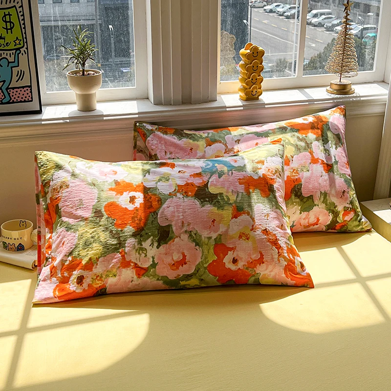 Juego de Ropa de Cama de Gasa de Doble Capa con Estampado Floral, Juego de Sábanas Individual/Queen/King, Ropa de Cama Suave Doble