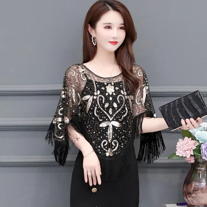 Temperament Lady Shawl Women's Summer Sequins New Tassel Trendy Outer Wear Mesh Cape Versatile Warp Sunscreen Top