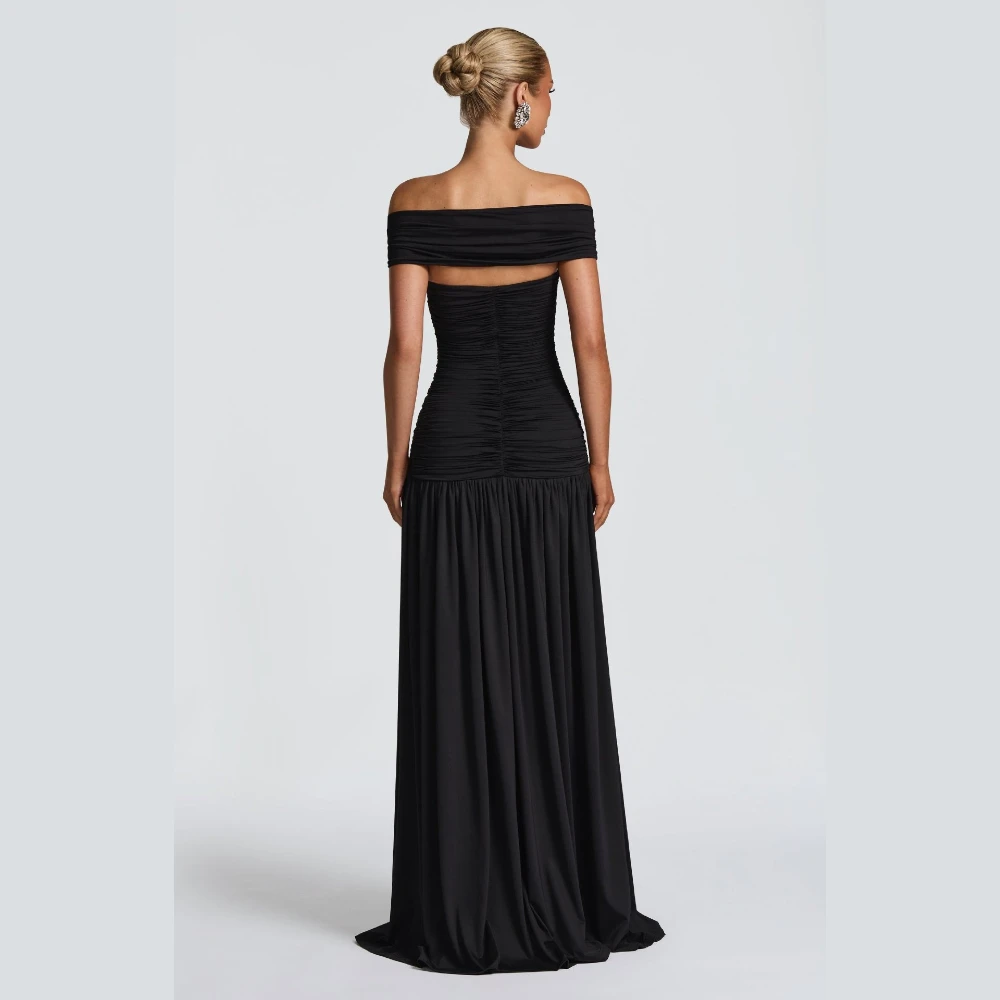 Off-the-shoulder Evening Gown Women Cutout Ruched High Slit Maxi Length Slim Fit Sheath Dress Flattering Elegant Sexy For Party
