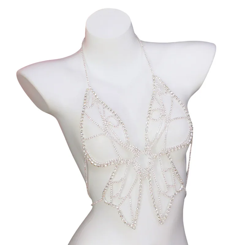 Sexy Rhinestone Butterfly Bra Chain Women Jewelry Nightclub Party Sparkling Bling Crystal Neck Chest Chain Body Accessories