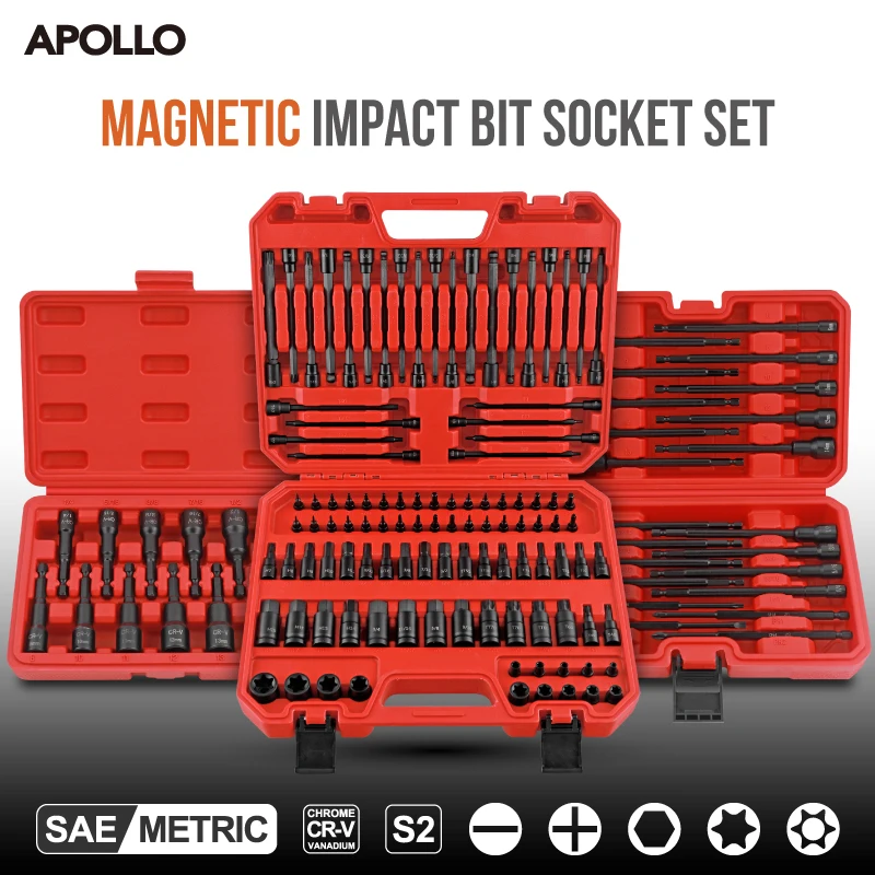 

Apollo Extended High-Torque Magnetic Hex Shank Air Impact 6-Point Sockets & Bits Kit for Metric/Imperial Professional Tools