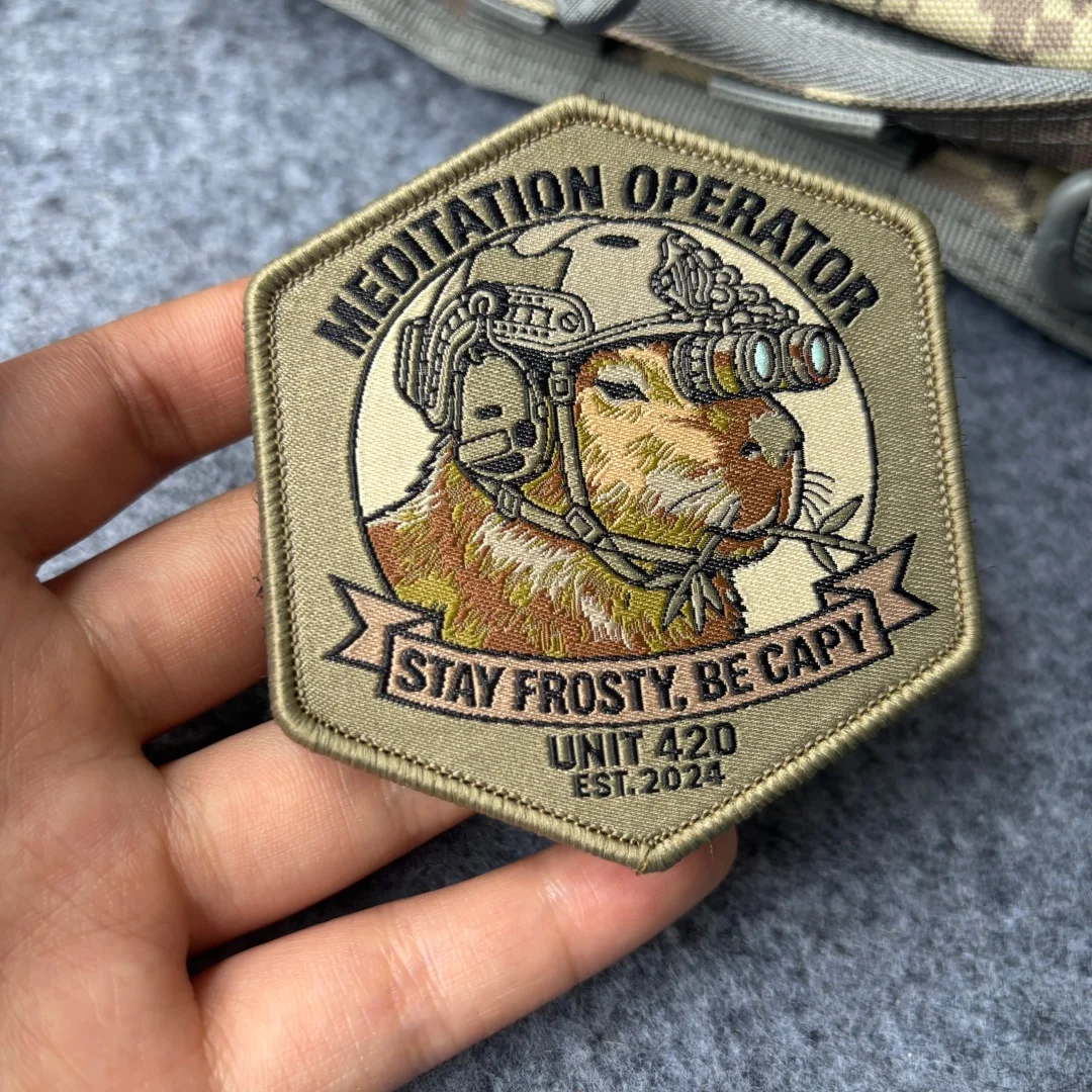 Lustiger Capybara-Aufnäher mit Aufschrift „Stay Frosty Be Capy“ – Klettverschluss-Abzeichen für Rucksack, Weste, Hut und Kleidung