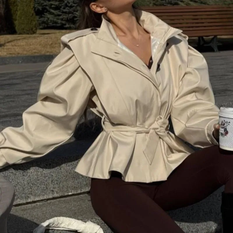 

Vintage Trench Coats Women 2025 New Autumn Solid Lace Up Lapel Jacket Casual Loose Full Sleeve Coat High Street Office Outwear