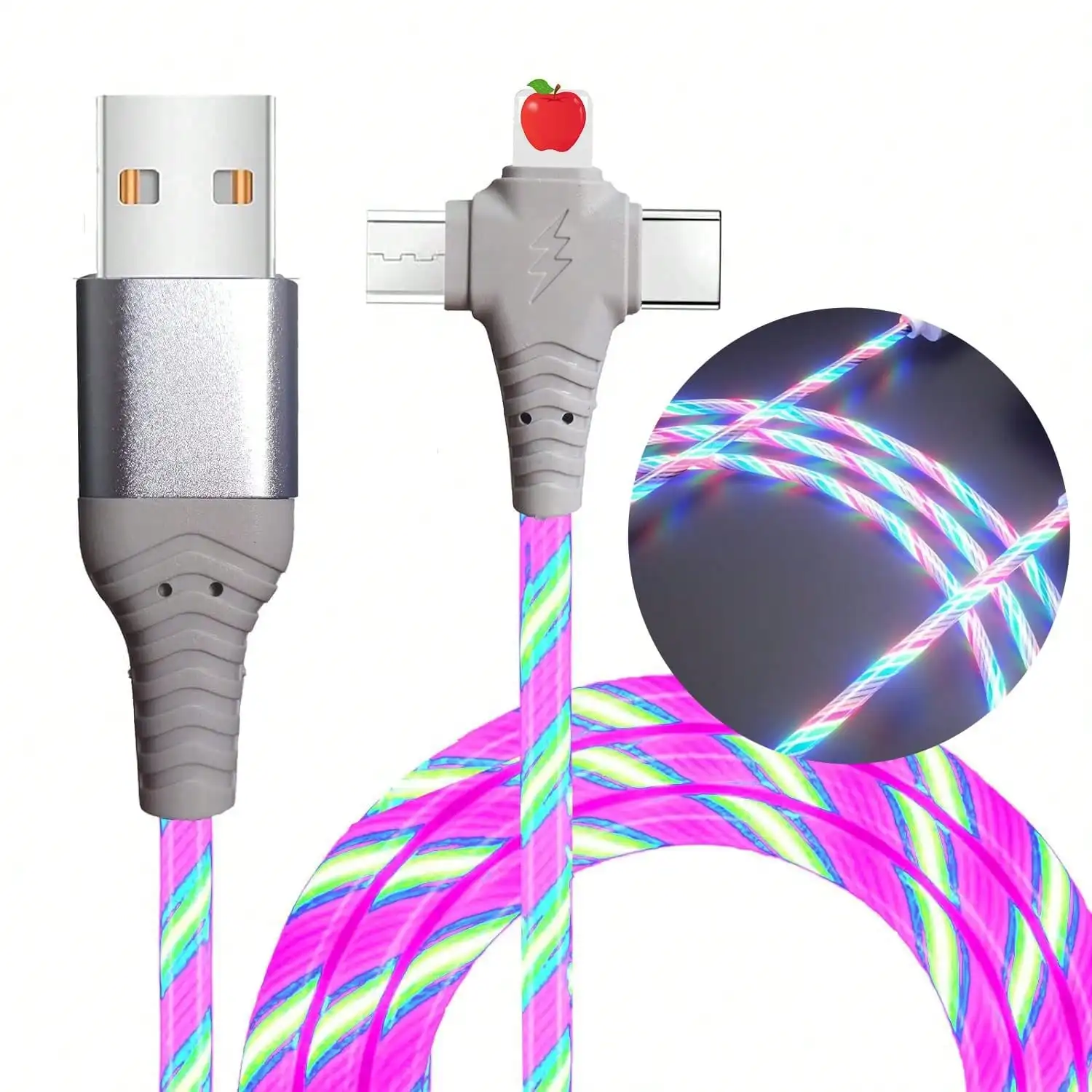 3-In-1 Glowing Charging Cable 6. 6ft Multi-Color TPE Braided LED RGB USB C Charging Cable-C Type Charger Data Transmission Cable, Suitable For Mobile Phones For IPhone IPad , For Samsung S24 S23 S22 For Xiaomi , Type C Fast Charging Cable