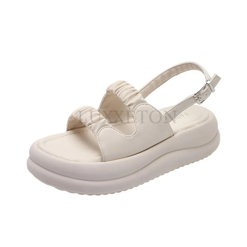 Sandalias de Punta abierta para mujer, zapatos informales plisados de suela gruesa, de Color liso, para playa, novedad de primavera y verano