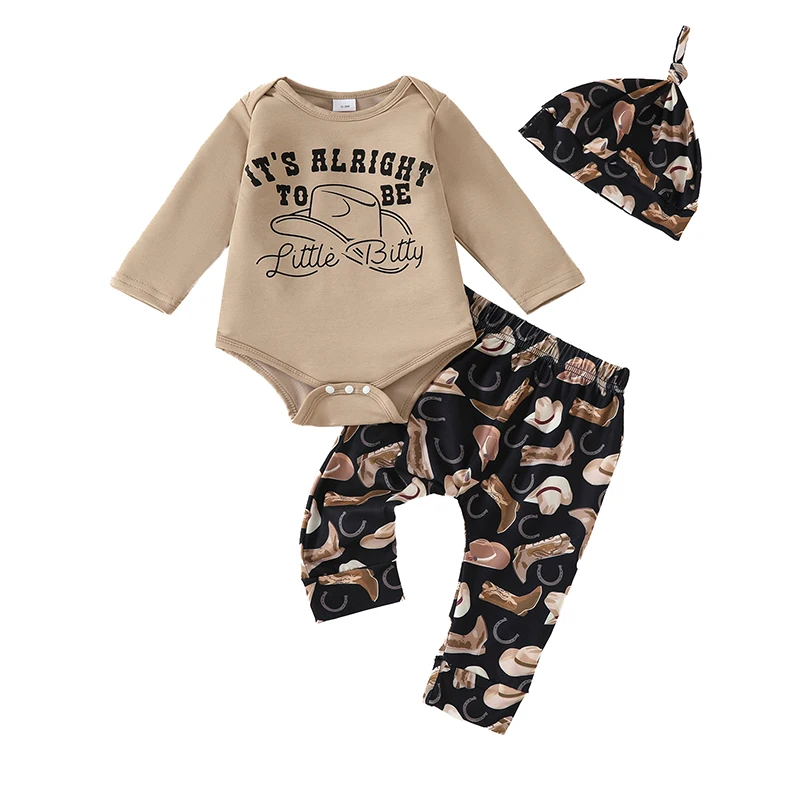 

Adorable Infant Cowgirl Attire with Letter Print Long Sleeve Romper Bootied Pants and Matching Hat - 3 Piece Set