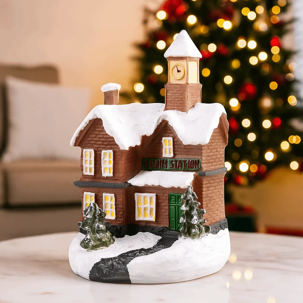 Cute Christmas Glowing Small House Resin Warm Light Mini House Miniature Elegant Luminous LED Light Snow House Party Favors